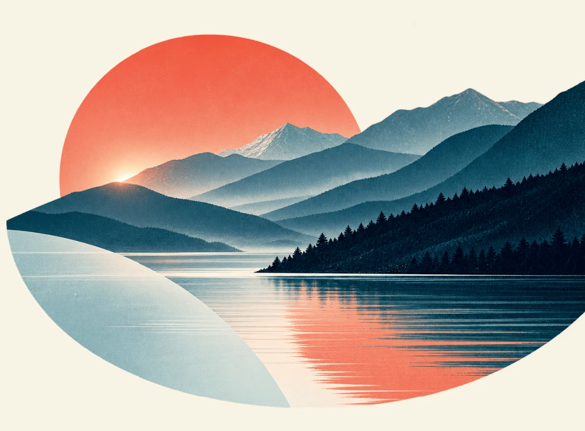 Illustration einer Berglandschaft am See vor einer korallroten Sonne
